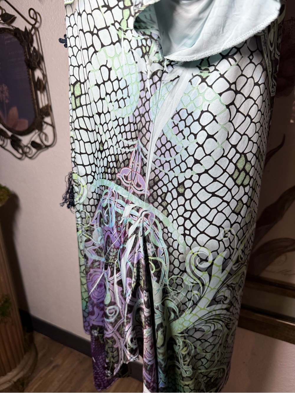 World Unity Boho Paisley Snake Print Tunic Top Lace Trim Tassel •Size L• - Picture 12 of 16